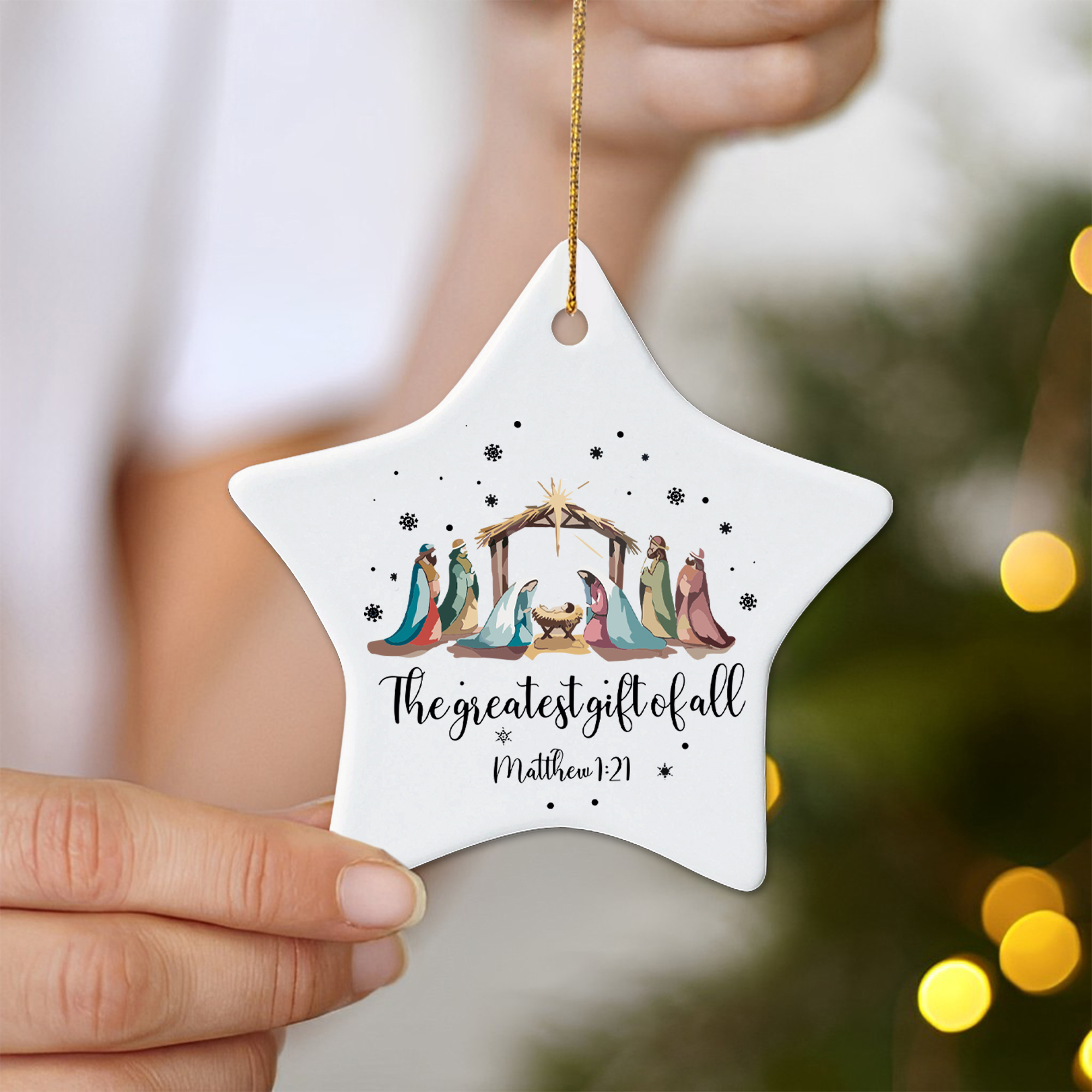 Nativity Scene Christmas Ornament, Greatest Gift of All Matthew 1:21, Christian Holiday Decoration, Religious Xmas Tree Decor DCLAF31